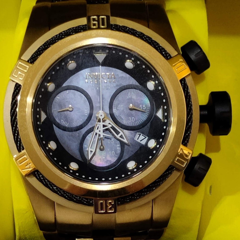Invicta 53mm Gold Reserve Bolt Zeus Swiss Mvt Black Mother of Pearl Watch